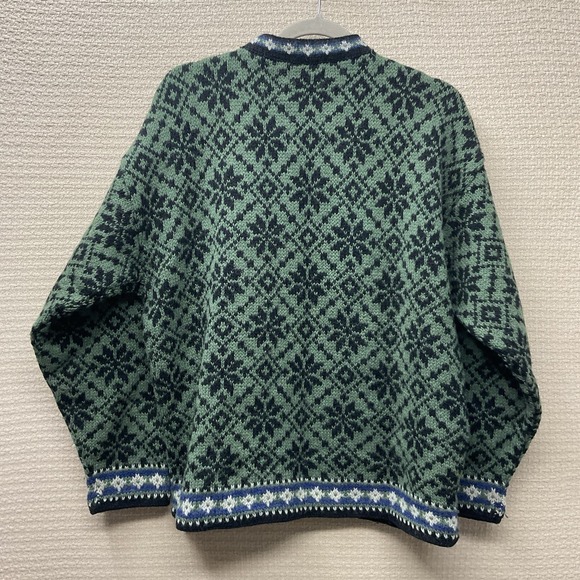 Vintage L.L. Bean Green Black Nordic Snowflake Wool Cardigan Sweater USA Large - Picture 6 of 7